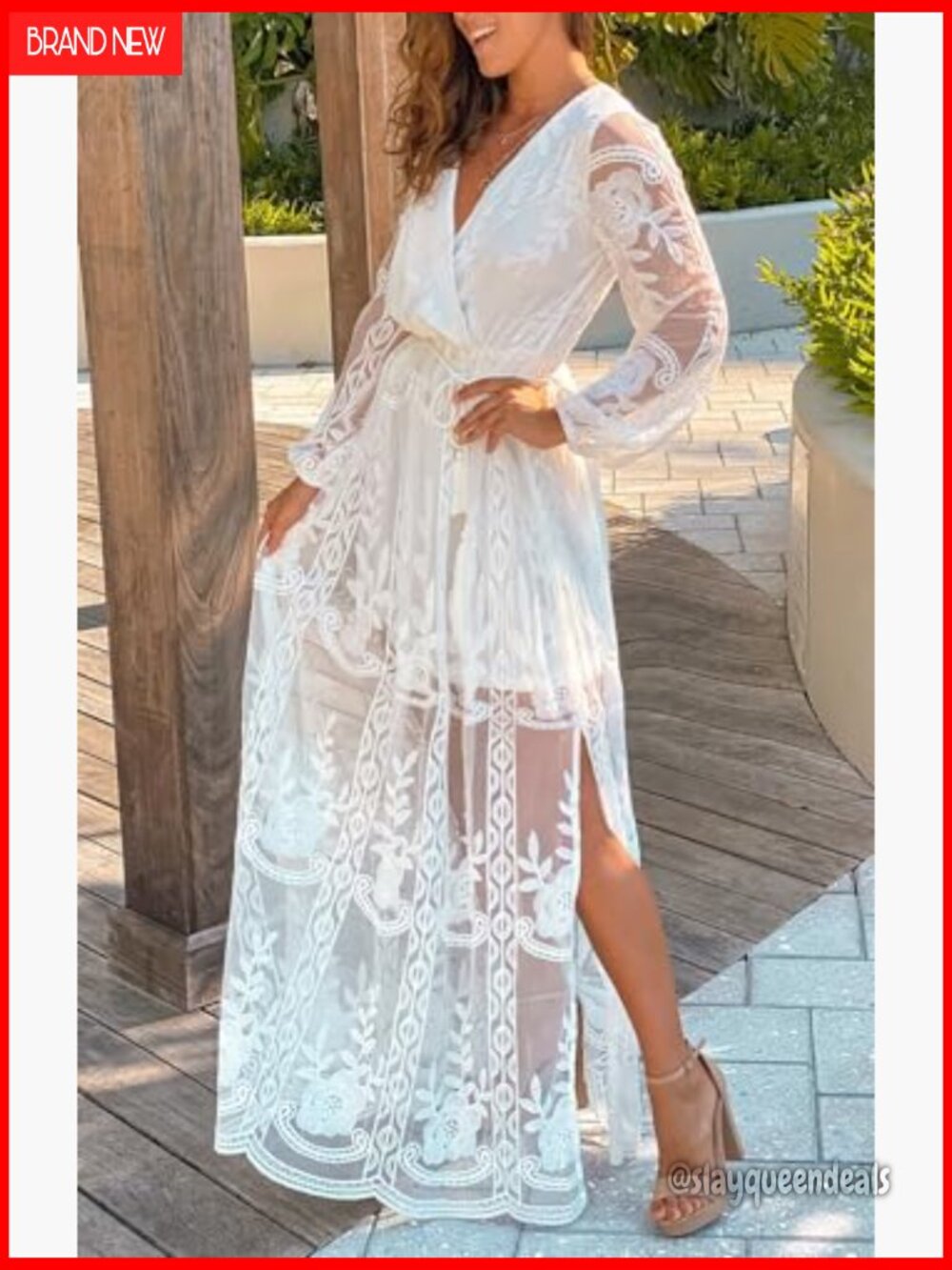 V Neck Floral Lace Maxi Wedding Dress Long Sleeve Flowy Formal Party Dress - Picture 2 of 5